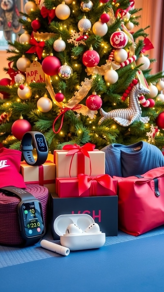 Sporty Christmas gifts including fitness tracker, earbuds, yoga mat, and apparel under a Christmas tree.